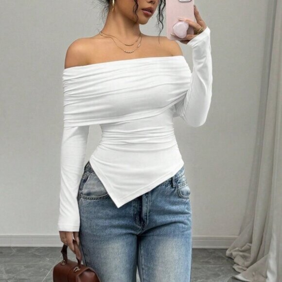 Solid Off Shoulder Asymmetrical Hem Fitted Long Sleeve Top - Picture 1 of 3